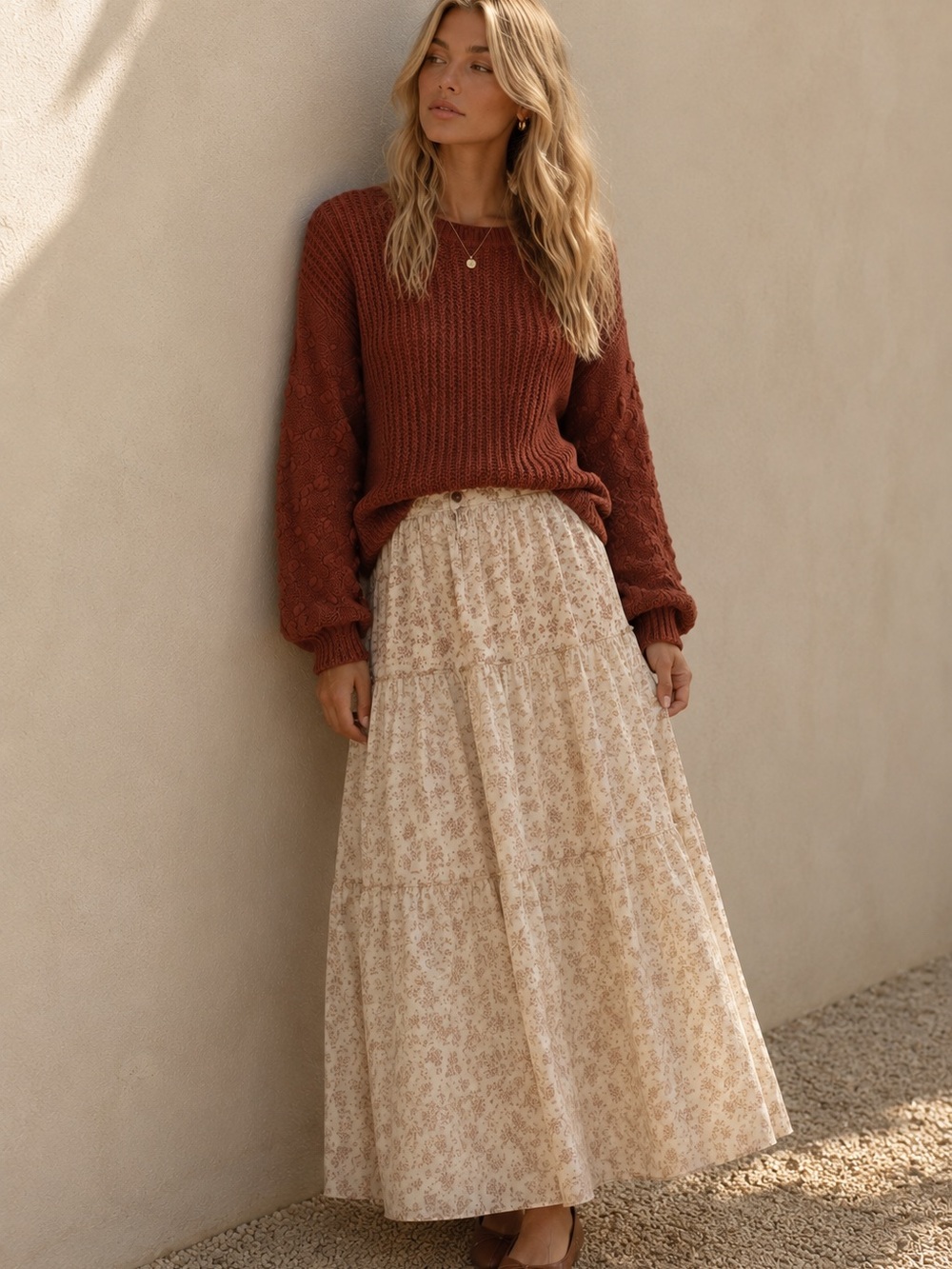 UpWest Textured Balloon Sleeve Sweater Rust Brown Size L NWT